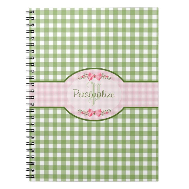 Girly Grönt Gingham Monogram med Namn Anteckningsbok (Framsidan)
