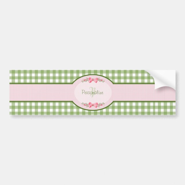Girly Grönt Gingham Monogram med Namn Bildekal (Framsidan)