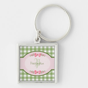 Girly Grönt Gingham Monogram med Namn Fyrkantig Silverfärgad Nyckelring