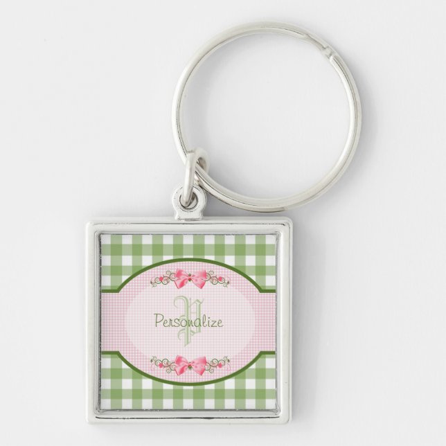 Girly Grönt Gingham Monogram med Namn Fyrkantig Silverfärgad Nyckelring (Framsidan)
