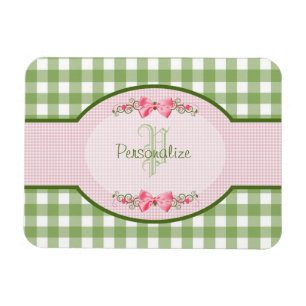 Girly Grönt Gingham Monogram med Namn Magnet