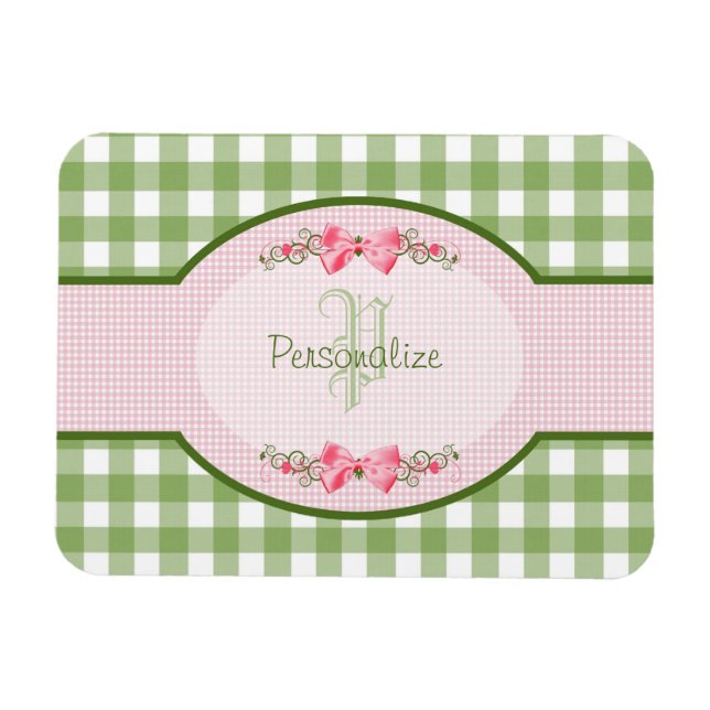 Girly Grönt Gingham Monogram med Namn Magnet (Horisontell)