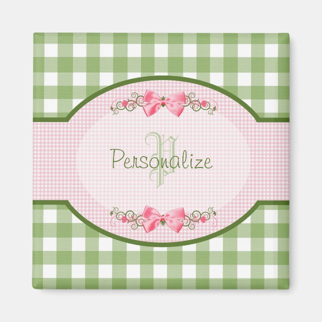 Girly Grönt Gingham Monogram med Namn Magnet (Framsidan)