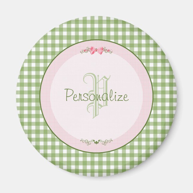 Girly Grönt Gingham Monogram med Namn Magnet (Framsidan)
