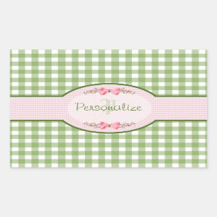 Girly Grönt Gingham Monogram med Namn Rektangulärt Klistermärke