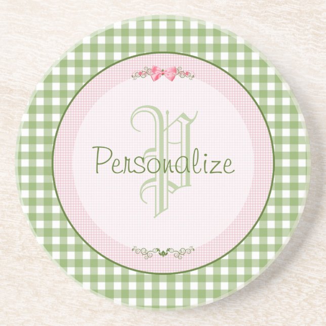 Girly Grönt Gingham Monogram med Namn Underlägg Sandsten (Framsidan)