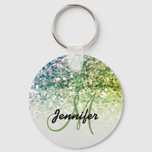 Girly Grönt Glitter Sparkles Monogram Namn Nyckelring