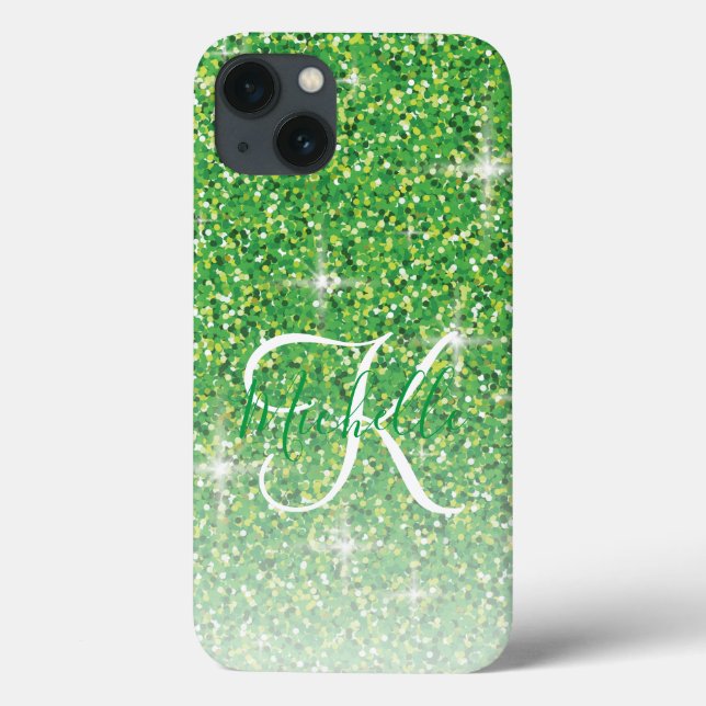Girly Grönt Glitter Sparkles Monogram-skript Namn (Baksida)