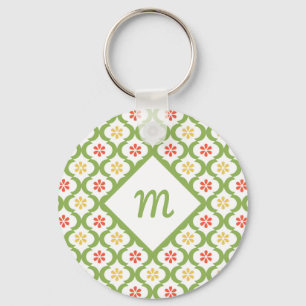 Girly Grönt Quatrefoil Cute Daisys and Monogram Nyckelring