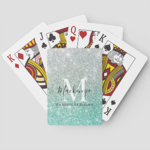 Girly Grönt Silver Ombre Glitter Monogram Namn Casinokort