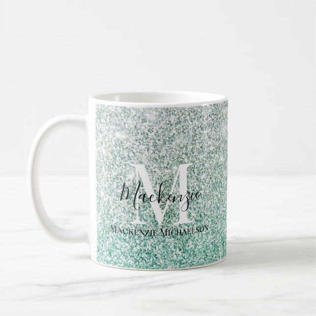 Girly Grönt Silver Ombre Glitter Monogram Namn Kaffemugg (Vänster)
