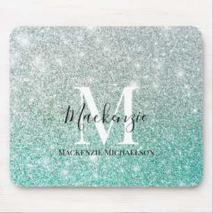 Girly Grönt Silver Ombre Glitter Monogram Namn Musmatta