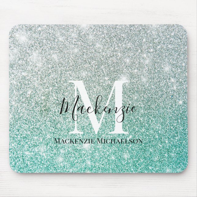 Girly Grönt Silver Ombre Glitter Monogram Namn Musmatta (Framsidan)