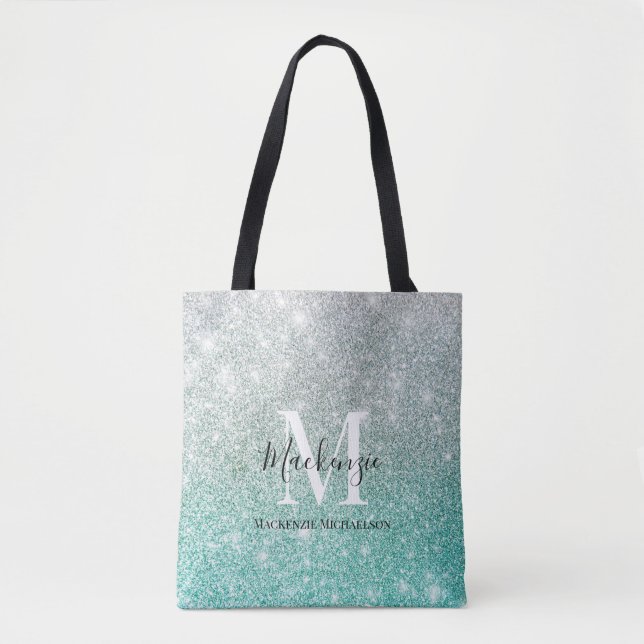 Girly Grönt Silver Ombre Glitter Monogram Namn Tygkasse (Framsida)