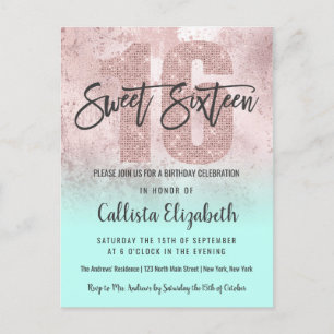 Girly Grunge Ro Guld Mint Glitter Foil Sweet 16 Inbjudan Vykort