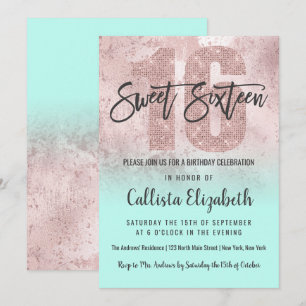 Girly Grunge Ro Guld Mint Glitter Foil Sweet 16 Inbjudningar
