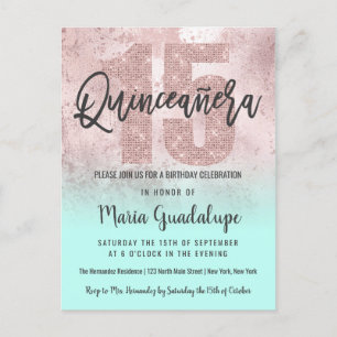 Girly Grunge Ro Guld Mint Glitter Quinceañera Inbjudan Vykort