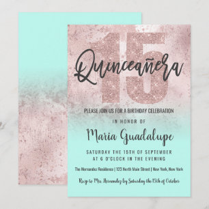 Girly Grunge Ro Guld Mint Glitter Quinceañera Inbjudningar