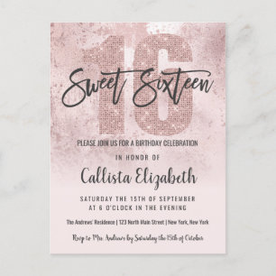 Girly Grunge Ro Guld Rosa Glitter Foil Sweet 16 Inbjudan Vykort