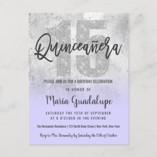 Girly Grunge Silver Lilac Glitter Foil Quinceañera Inbjudan Vykort