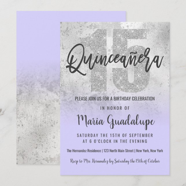 Girly Grunge Silver Lilac Glitter Foil Quinceañera Inbjudningar (Fram/baksida)