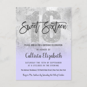 Girly Grunge Silver Lilac Glitter Foil Sweet 16 Inbjudan Vykort