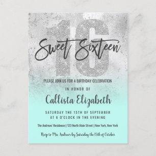 Girly Grunge Silver Mint Glitter Foil Sweet 16 Inbjudan Vykort