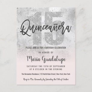 Girly Grunge Silver Rosa Glitter Foil Quinceañera Inbjudan Vykort