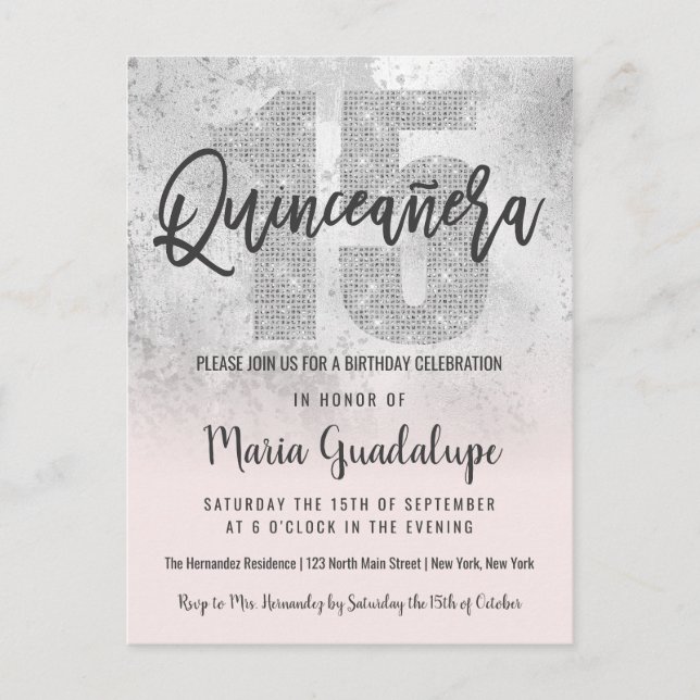 Girly Grunge Silver Rosa Glitter Foil Quinceañera Inbjudan Vykort (Framsida)