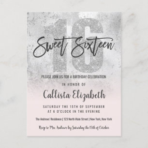 Girly Grunge Silver Rosa Glitter Foil Sweet 16 Inbjudan Vykort