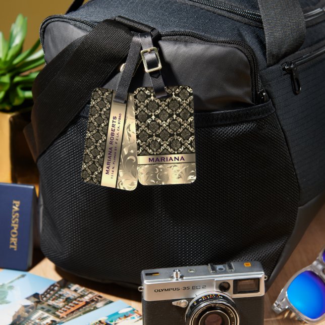 Girly Guld Damasks & Metallic Swirls Bagagebricka (Fram & Baksida)