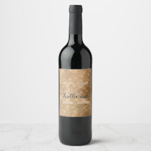 Girly Guld Glam Diamond Gnistra Chic Monogram Namn Vinflaska Etikett