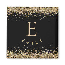 Girly Guld Glitter Black Monogram Initial Namn