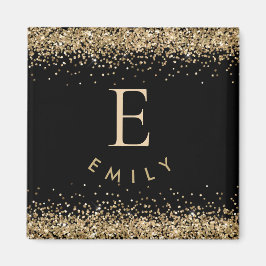 Girly Guld Glitter Black Monogram Initial Namn Magnet