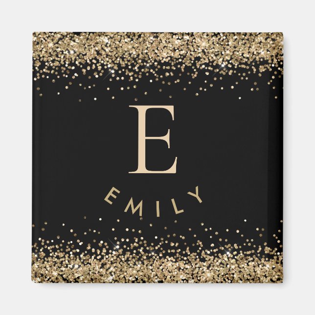 Girly Guld Glitter Black Monogram Initial Namn Magnet (Framsidan)