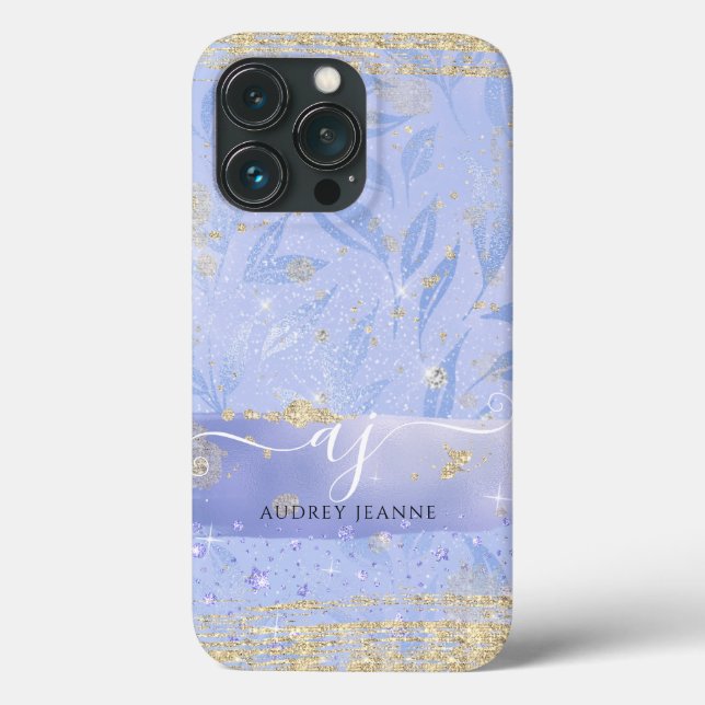 Girly Guld Glitter Blue Jewel Foliage Script Namn (Baksida)