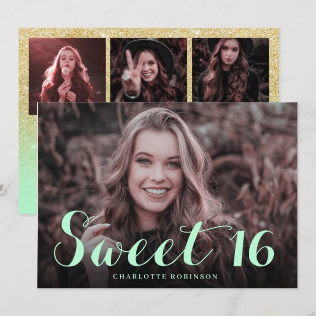 Girly guld glitter chic mynta 4 foto 16 inbjudningar (Fram/baksida)