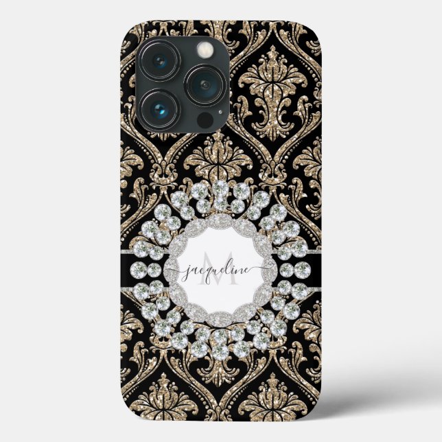 Girly Guld Glitter judar w Black Damask Monogram (Baksida)
