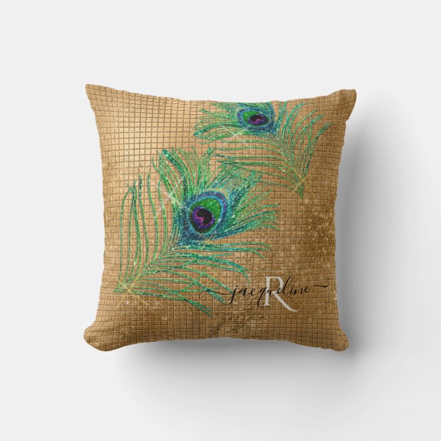 Girly Guld Glitter Modern Gnistra Peacock Feathers Kudde (Framsida)
