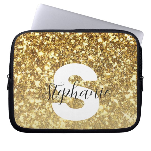 Girly Guld Glitter Sparkles Monogram-skript Namn Laptop Fodral (Framsidan)