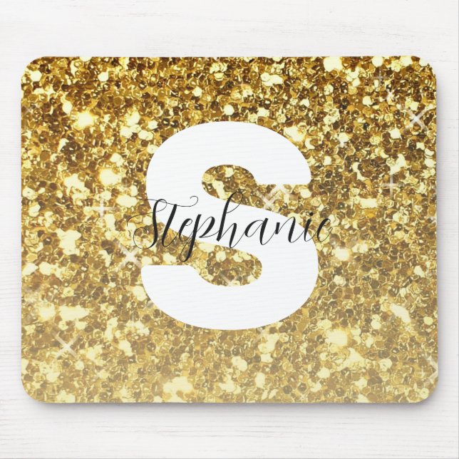 Girly Guld Glitter Sparkles Monogram-skript Namn Musmatta (Framsidan)