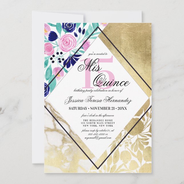 Girly Guld Marble Blommigt Watercolor Mis Quince Inbjudningar (Framsida)