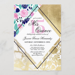 Girly Guld Marble Blommigt Watercolor Mis Quince Inbjudningar