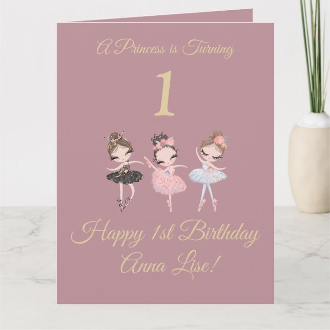 Girly Guld Rosa Ballerina Princess 1:a födelsedage Kort (Framsida)