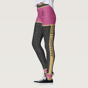 Girly Guld Rosa Black Glitter Anpassade Initial Leggings