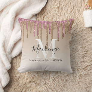 Girly Guld Rosa Glitter Monogram Namn Kudde