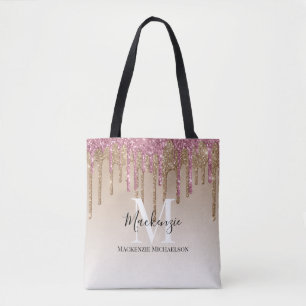 Girly Guld Rosa Glitter Monogram Namn Tygkasse