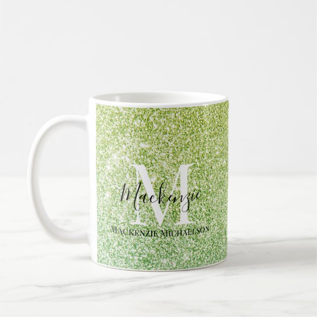 Girly Gult Grönt Ombre Glitter Monogram Namn Kaffemugg (Vänster)