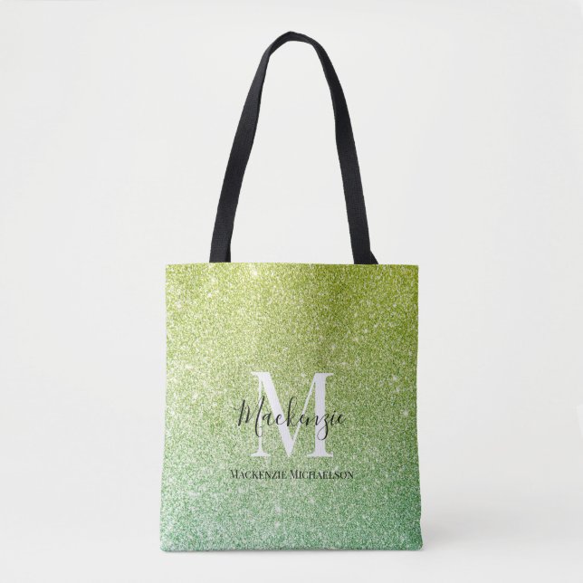 Girly Gult Grönt Ombre Glitter Monogram Namn Tygkasse (Framsida)