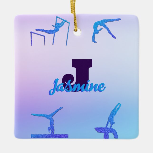 Girly Gymnastics Blue Lila Monogram Personlig Julgransprydnad Keramik (Framsida)